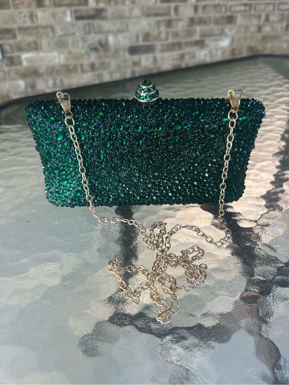 Emerald Crystal Evening Clutch with Gold Chain